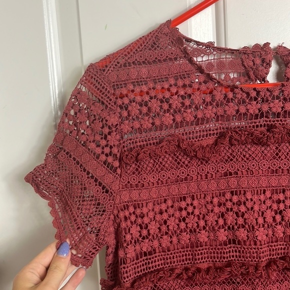 Anthropologie Zero to Sky Fringed Lace Boho Burgundy Tunic Dress Size Small - Picture 9 of 13